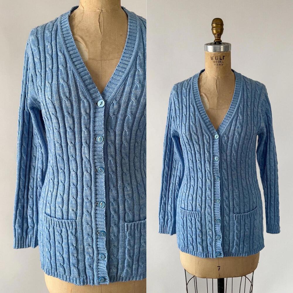 Vintage 1970s JC Penney Light Blue Acrylic Cable Knit Cardigan Fitted Sweater S